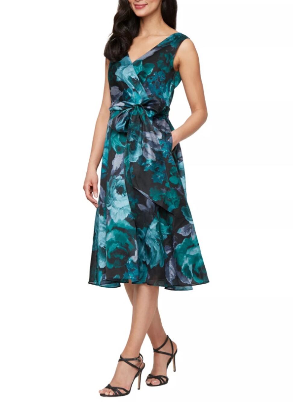 NWT Alex Evenings Printed Midi Yoryu Sleeveless Dress Black/Emerald Size 8